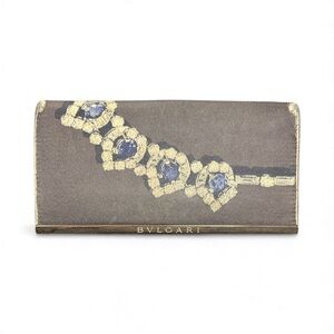 Bvlgari Satin Jeweled Envelope Wallet Gray/Navy Leather Trim Italy